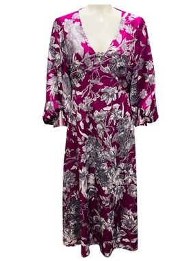ERDEM MAGENTA MAXINE FLORAL PRINT HAMMERED SATIN MIDI DRESS